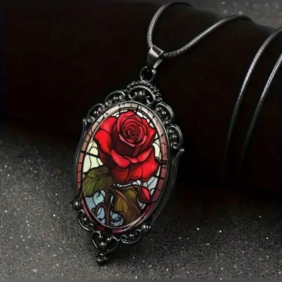Elegant Red Rose in Vintage Black Frame Pendant Necklace - Picture 2 of 5